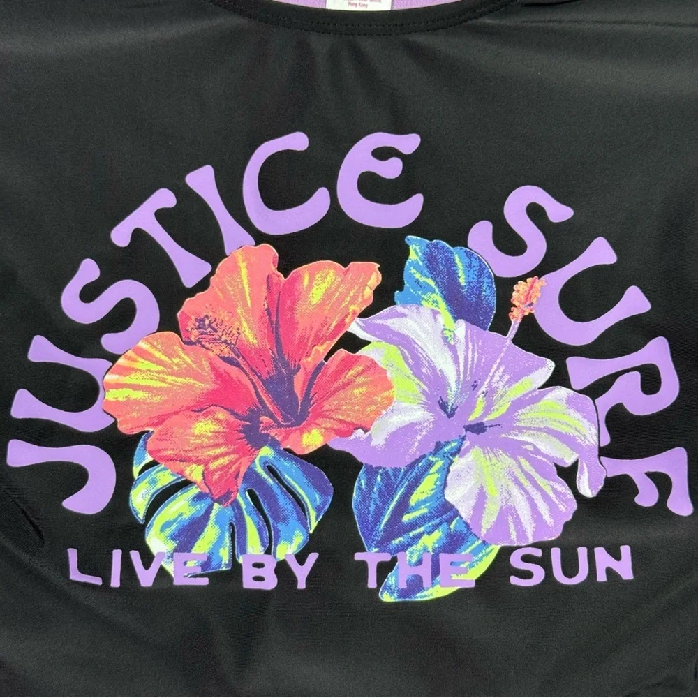 Justice Black and Pink Crop Swim Shirt Girls Size L